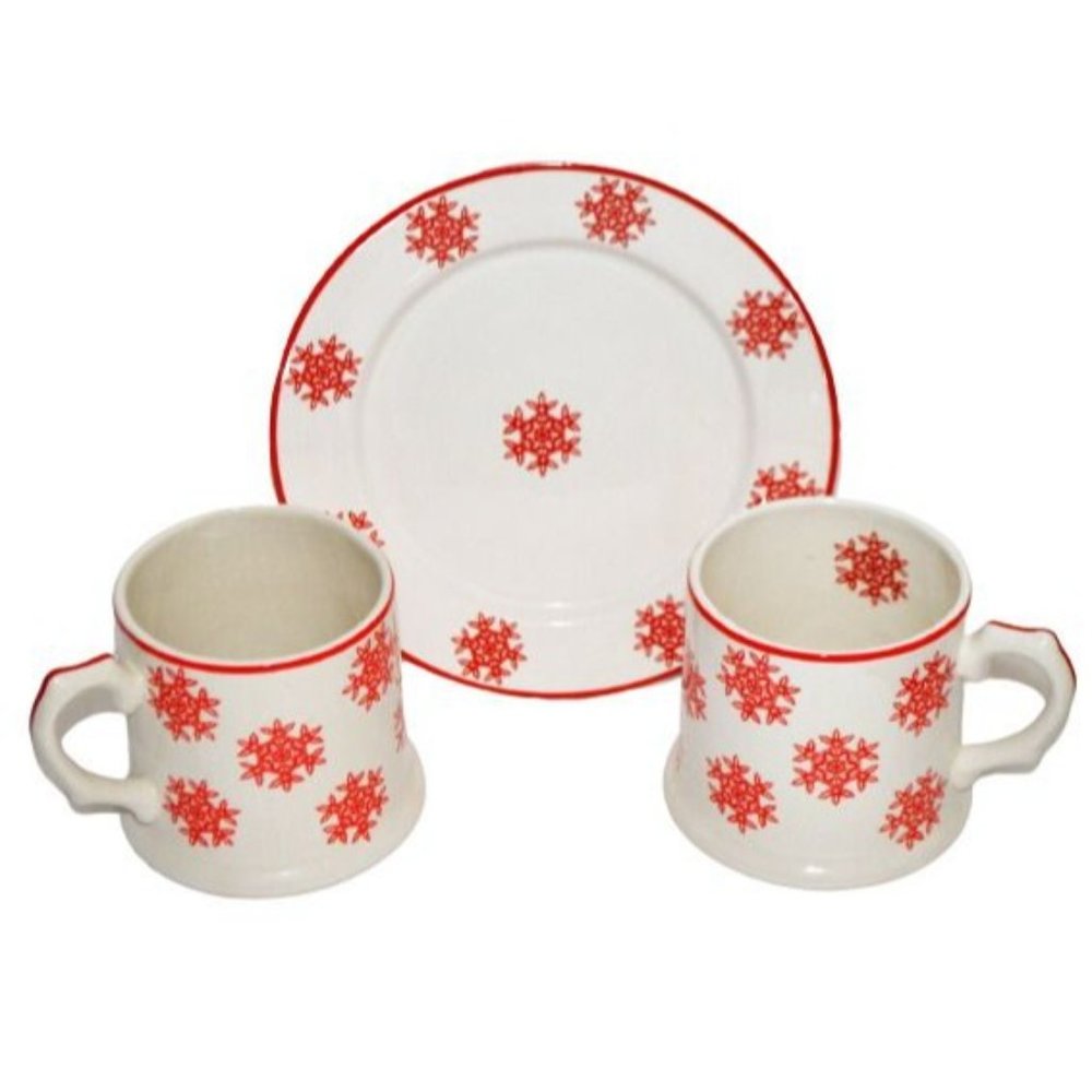 Red and White Snowflakes Dessert Cookie Plate and 2 Matching Mugs